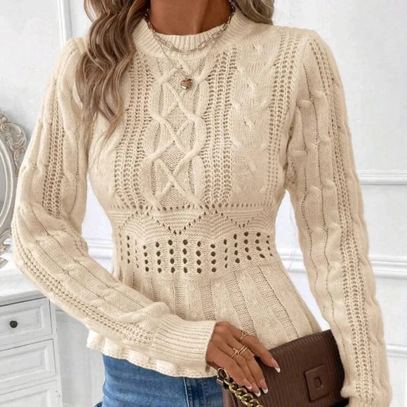 Women Apricot Crew Neck Cable Knit Pullover Sweater - Picture 1 of 5